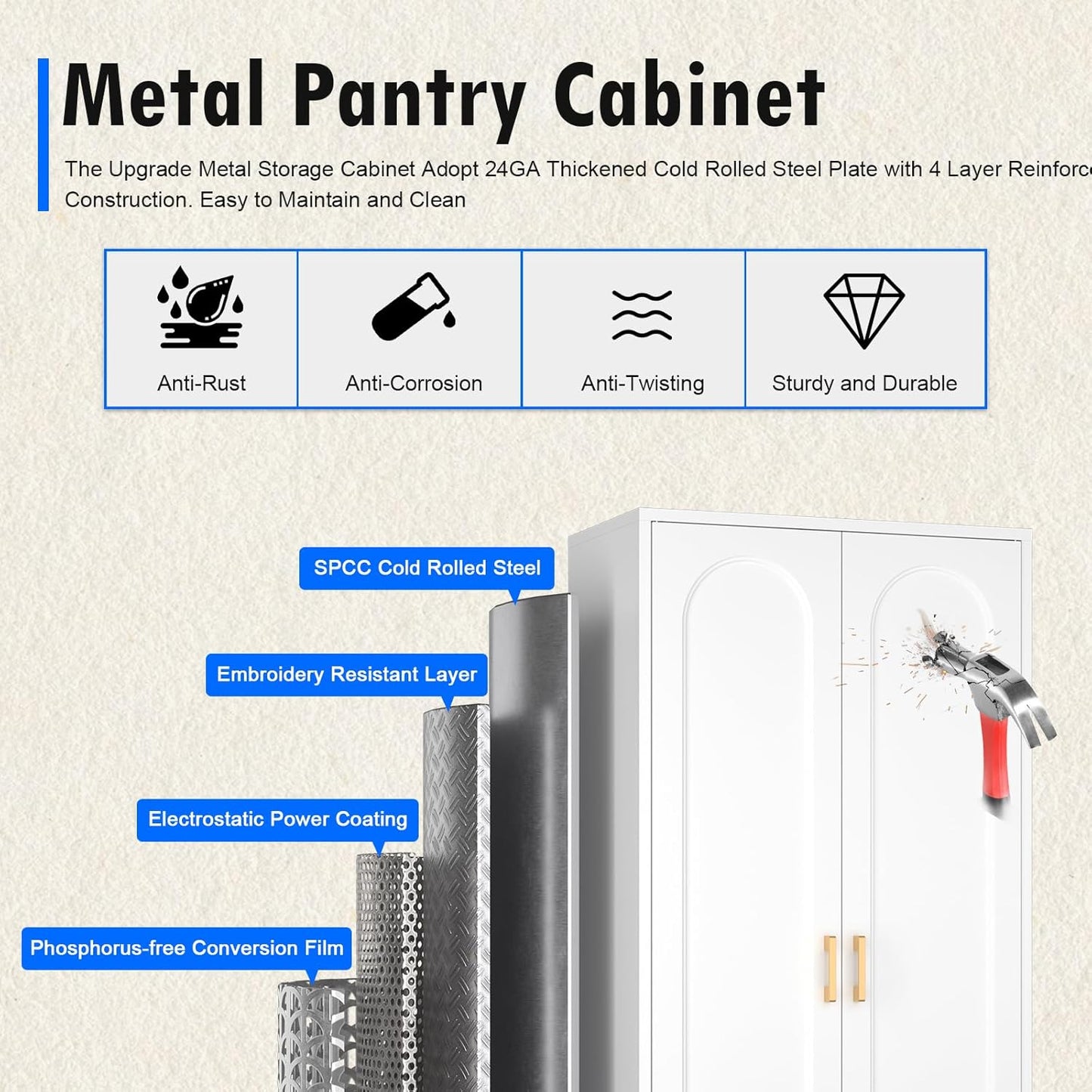 60" Tall Kitchen Pantry Cabinet, Metal Pantry Cabinet with Doors and Adjustable Shelves, White