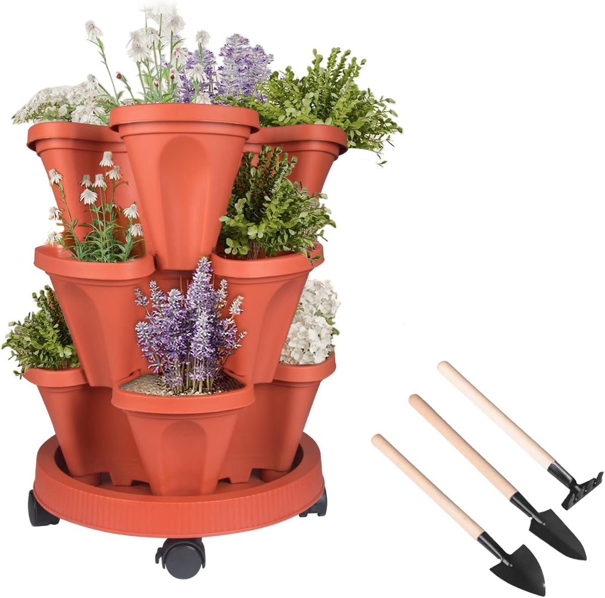 DUNCHATY Stackable Planters 3 Tier Vertical Garden Planting Tower Planters Strawberry, Herb