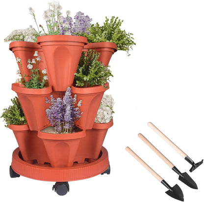 DUNCHATY Stackable Planters 3 Tier Vertical Garden Planting Tower Planters Strawberry, Herb