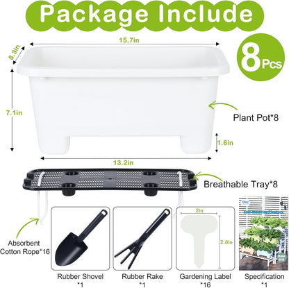 Self-Watering Rectangle Planter Boxes 8-Pack, 15.7-Inch Window Box Planter with Drainage Holes &
