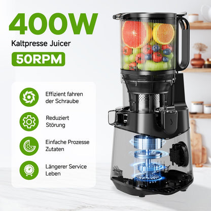 Cold Press Juicer, 5.3" Wide Feed Chute Juice Extractor Machine with 400W, High Juice Yield, Slow