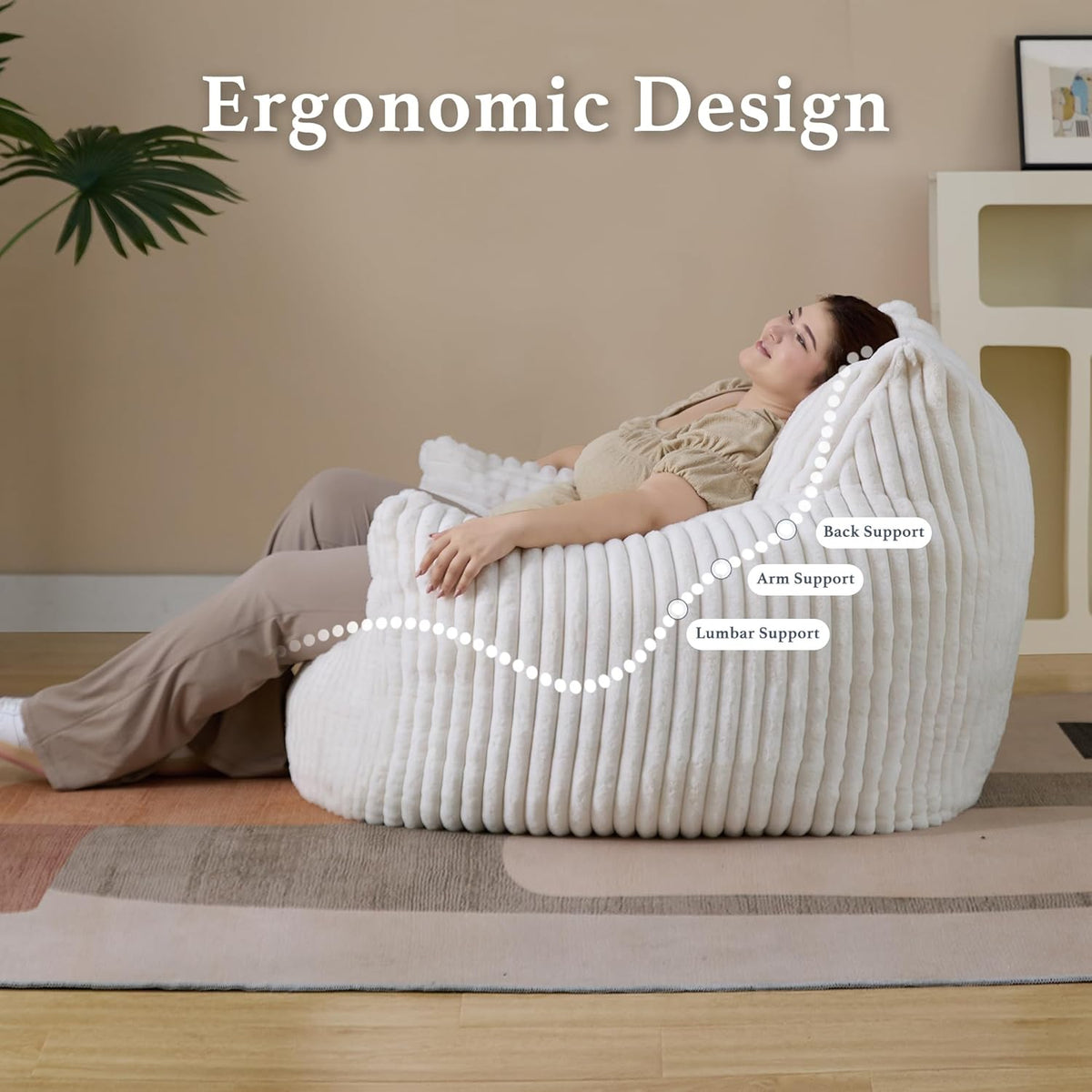 Giant Plush Bean Bag Chair for Adults with Armrests - Oversized Comfy Beige Beanbag Lounge Lazy