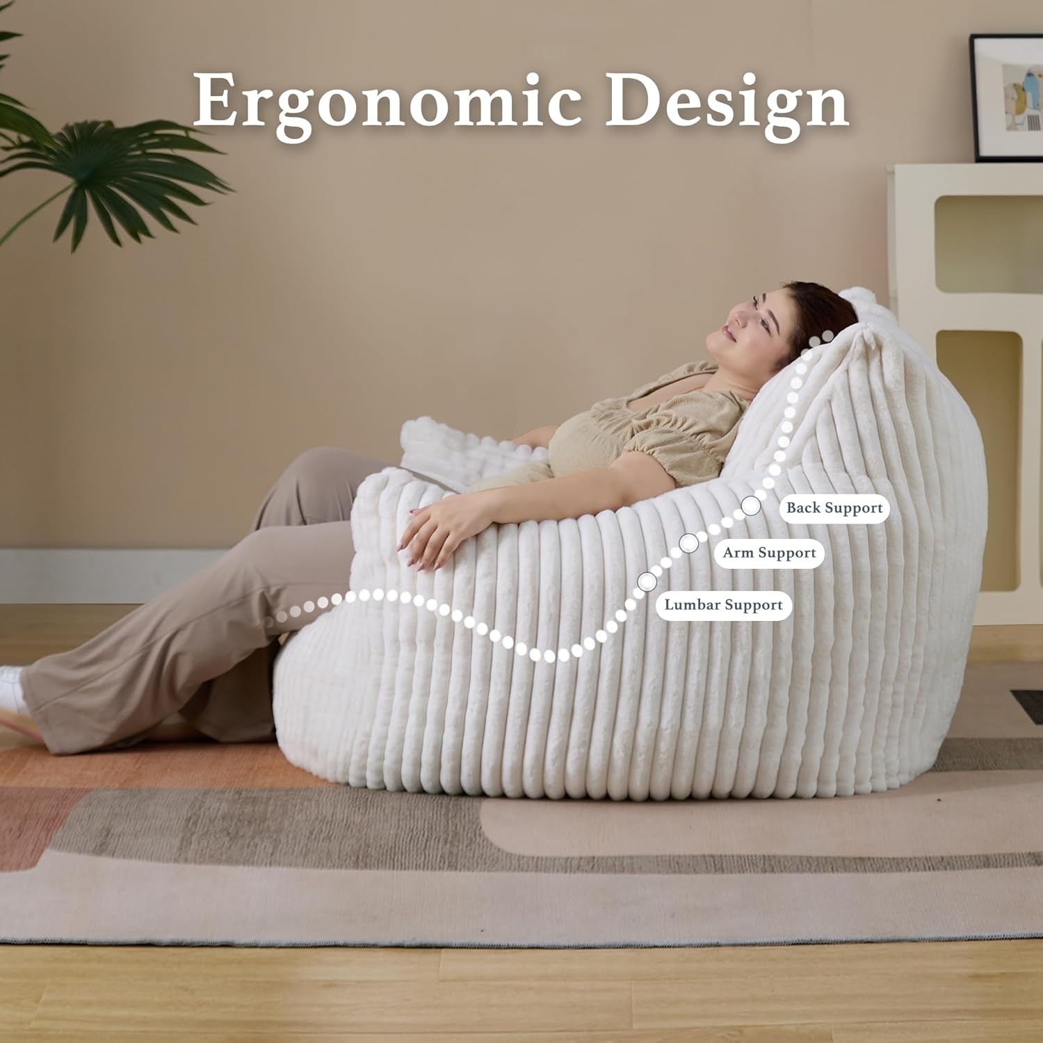 Giant Plush Bean Bag Chair for Adults with Armrests - Oversized Comfy Beige Beanbag Lounge Lazy