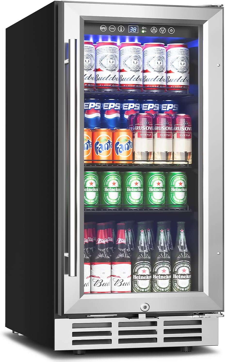 15 Inch Beverage Refrigerator Under Counter - 126 Cans Beverage Fridge with Glass Door for Beer
