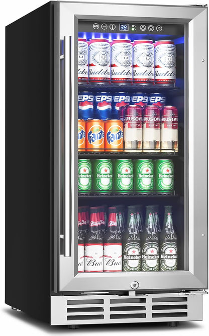 15 Inch Beverage Refrigerator Under Counter - 126 Cans Beverage Fridge with Glass Door for Beer