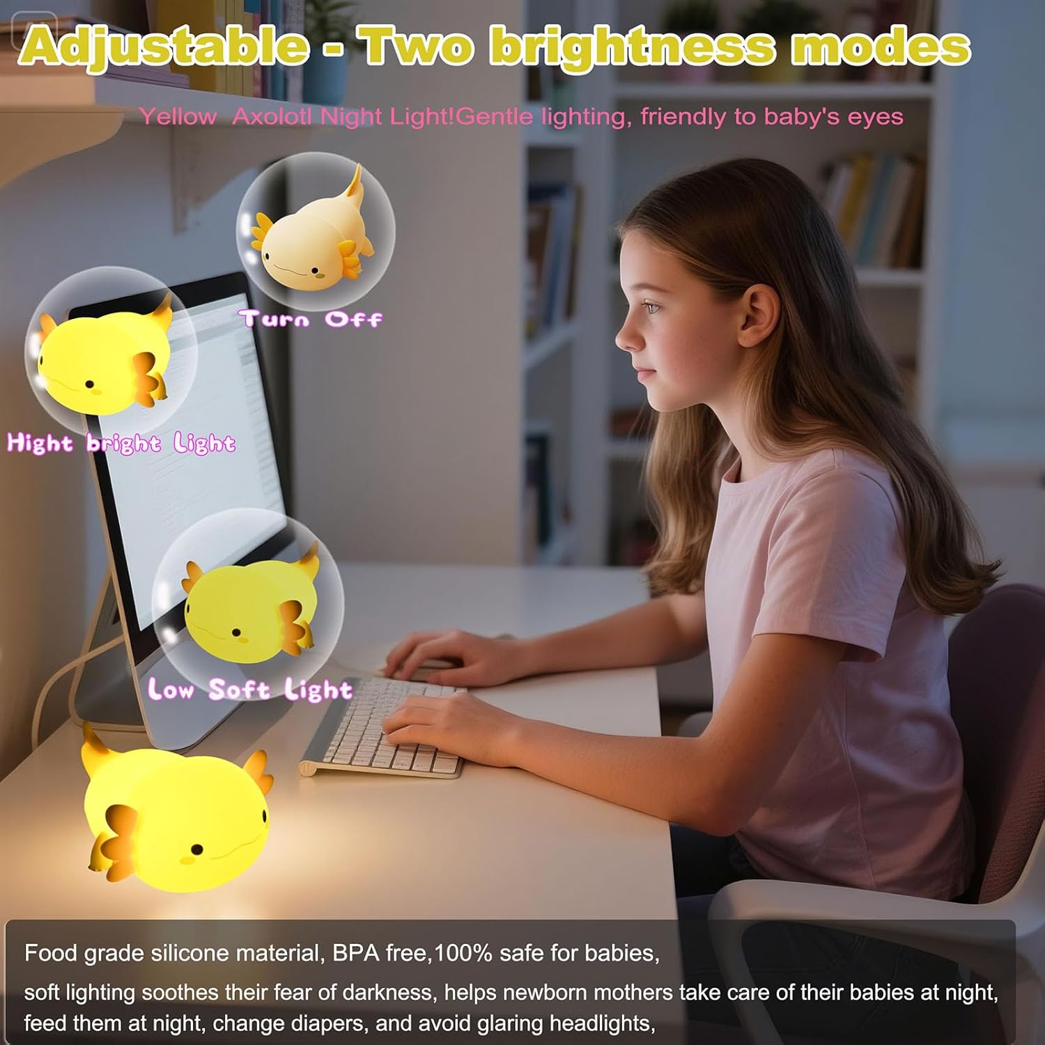 HAPPYBAG Axolotl Night Light,Cute Axolotl lamp Gifts for Kids,Dimmable Silicone Animal Nursery