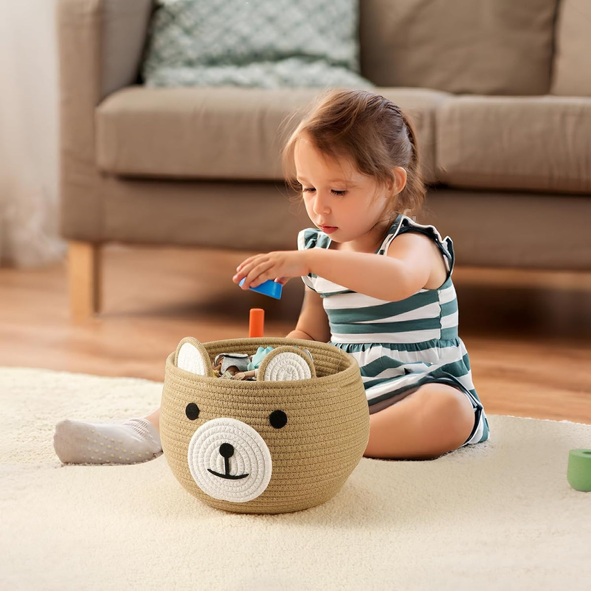 PandaEar Cotton Rope Baby Basket, Baby Gift Basket Nursery Laundry Organizer with Cute Bear Design