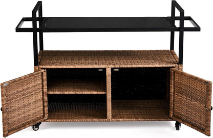 VINGLI Wicker Outdoor Bar Cart with Storage and Wheels, Outdoor Bar Table Serving Cart Rattan Bar