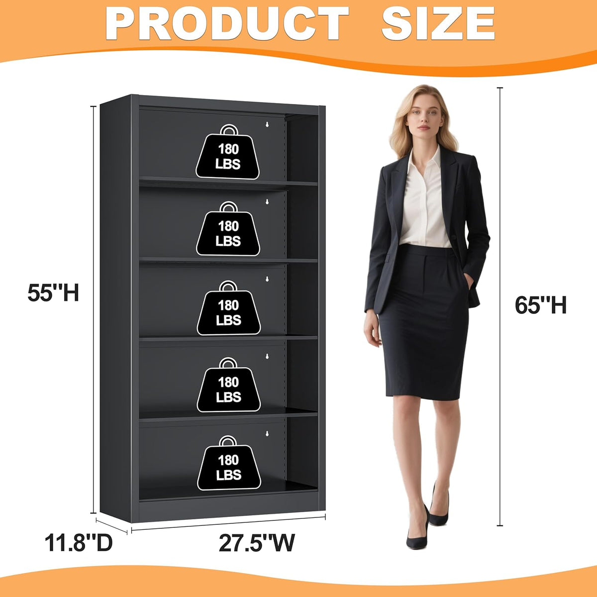 Black Bookshelf, 55” Adjustable Tall Metal Bookshelf, 5-Tier Toy Storage Organizer with Anti-Tilt