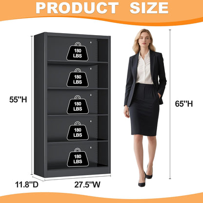 Black Bookshelf, 55” Adjustable Tall Metal Bookshelf, 5-Tier Toy Storage Organizer with Anti-Tilt