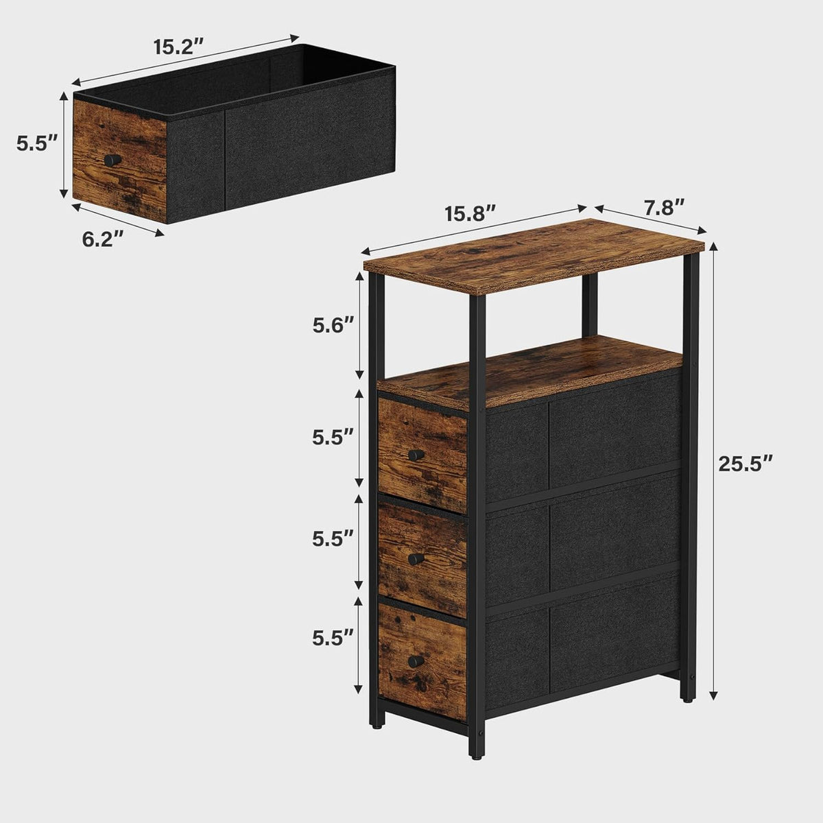 TUTOTAK Narrow Night Stand, Slim End Table, Tall Side Table with 3 Fabric Drawer, Small Bedside