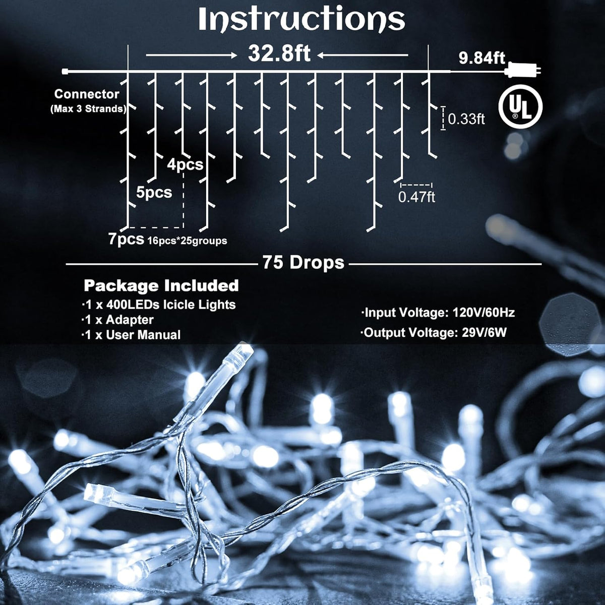 Icicle lights Outdoor - 33ft Christmas Lights with 400LED 75 Drops 8 Modes, Plug in Curtain String