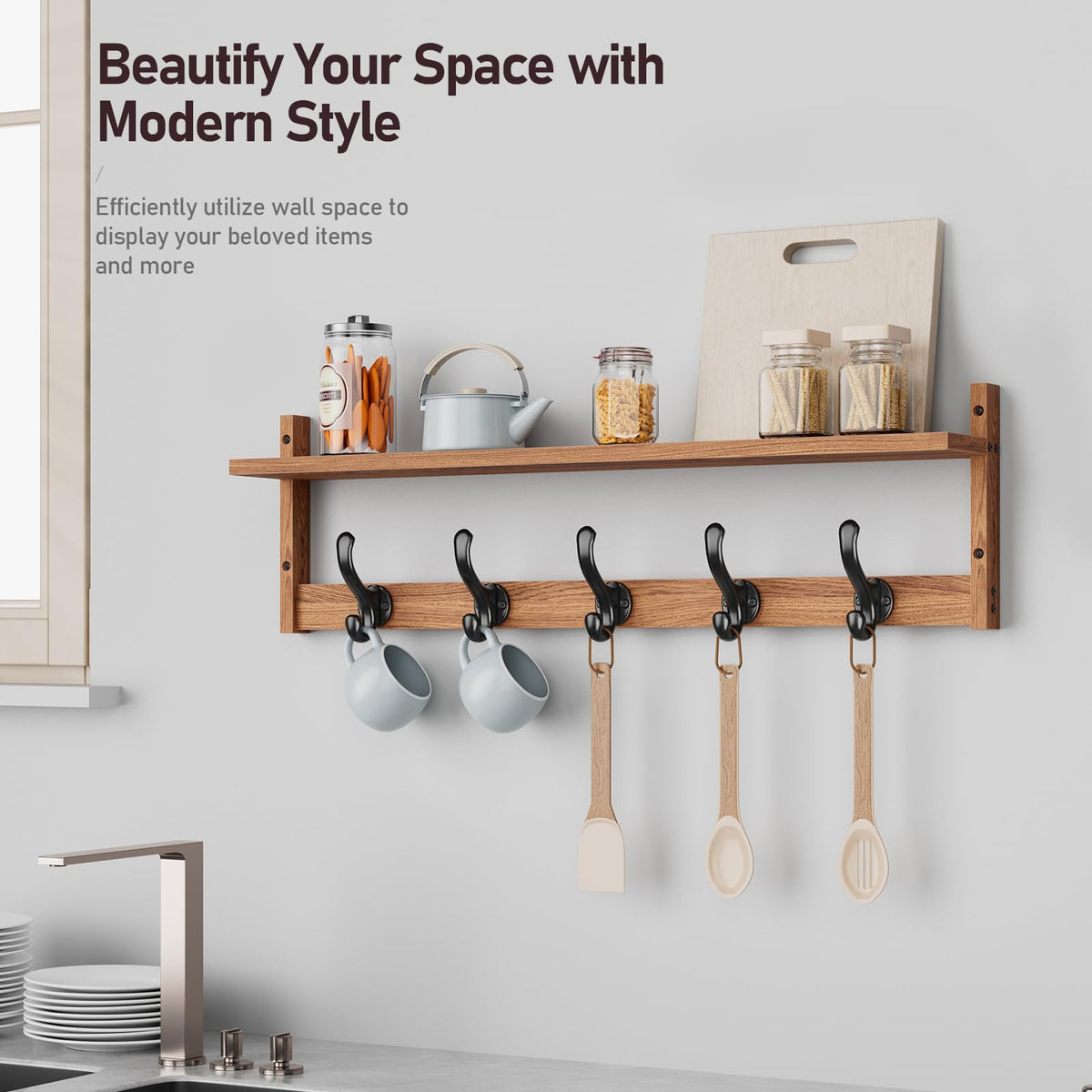 Tatub 29'' Coat Rack Wall Mount with Shelf, Wood Wall Hooks with Storage, Entryway Shelf with 5