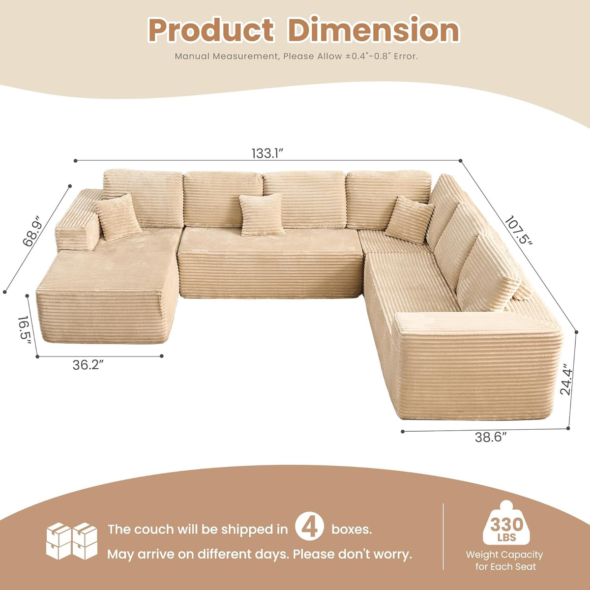 HOOOWOOO Cloud Sectional Couches for Living Room,Modular Sectional Sofa No Assembly,133X108 Inch