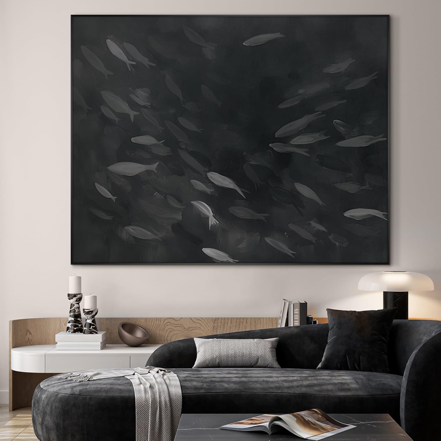 SIGNWIN 36"x46" Extra Large Framed Wall Art Monochrome Fish Silhouettes Illustration for Home