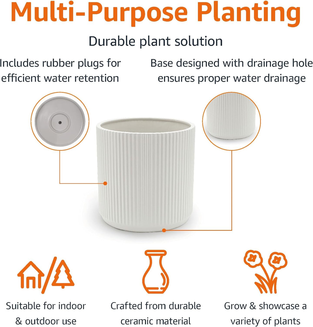 Amazon Basics Fluted Ceramic Round Planter, 8-inch, White