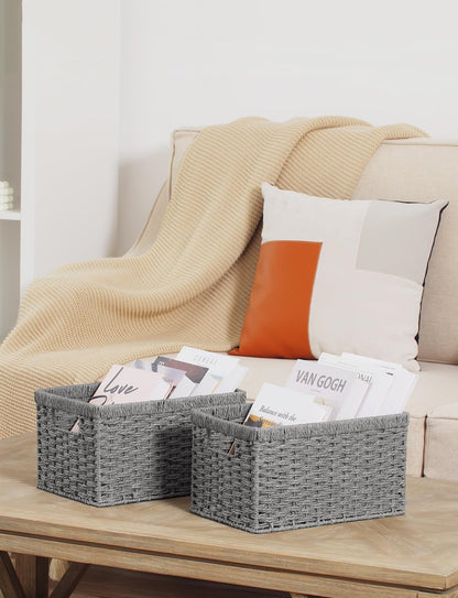 StorageWorks Round Paper Rope Storage Baskets, Rectangular Wicker Baskets with Built-in Handles