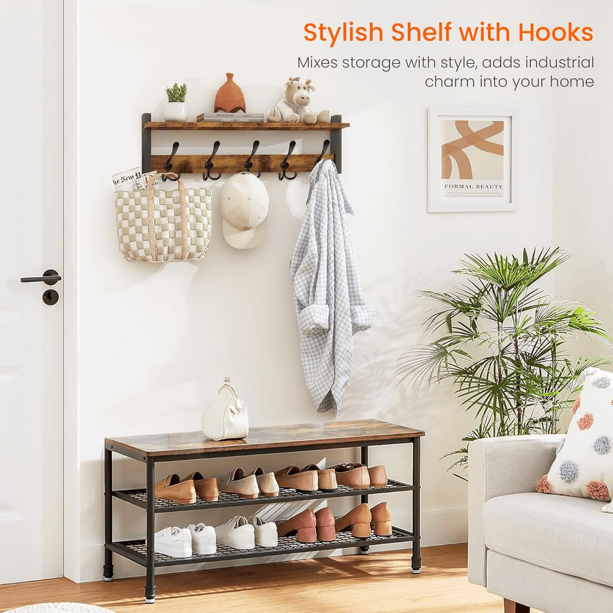 Homode Rustic Brown Wall Mount Coat Rack with Shelf and 5 Tri Hooks, Wood Coat Hangers for Hanging