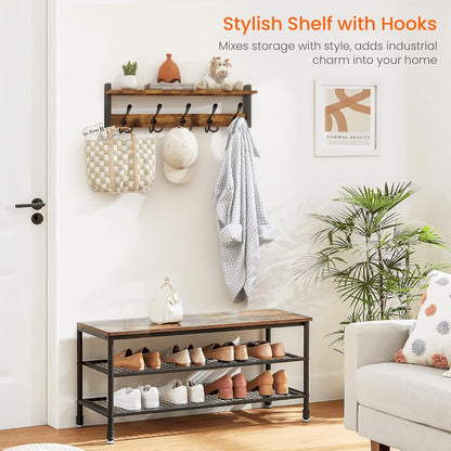 Homode Rustic Brown Wall Mount Coat Rack with Shelf and 5 Tri Hooks, Wood Coat Hangers for Hanging