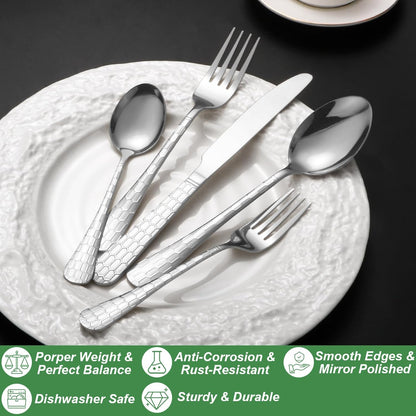 20 Pcs Silverware Set for 4 with Water Cube Handle design, Food Grade Stainless Steel Flatware Set