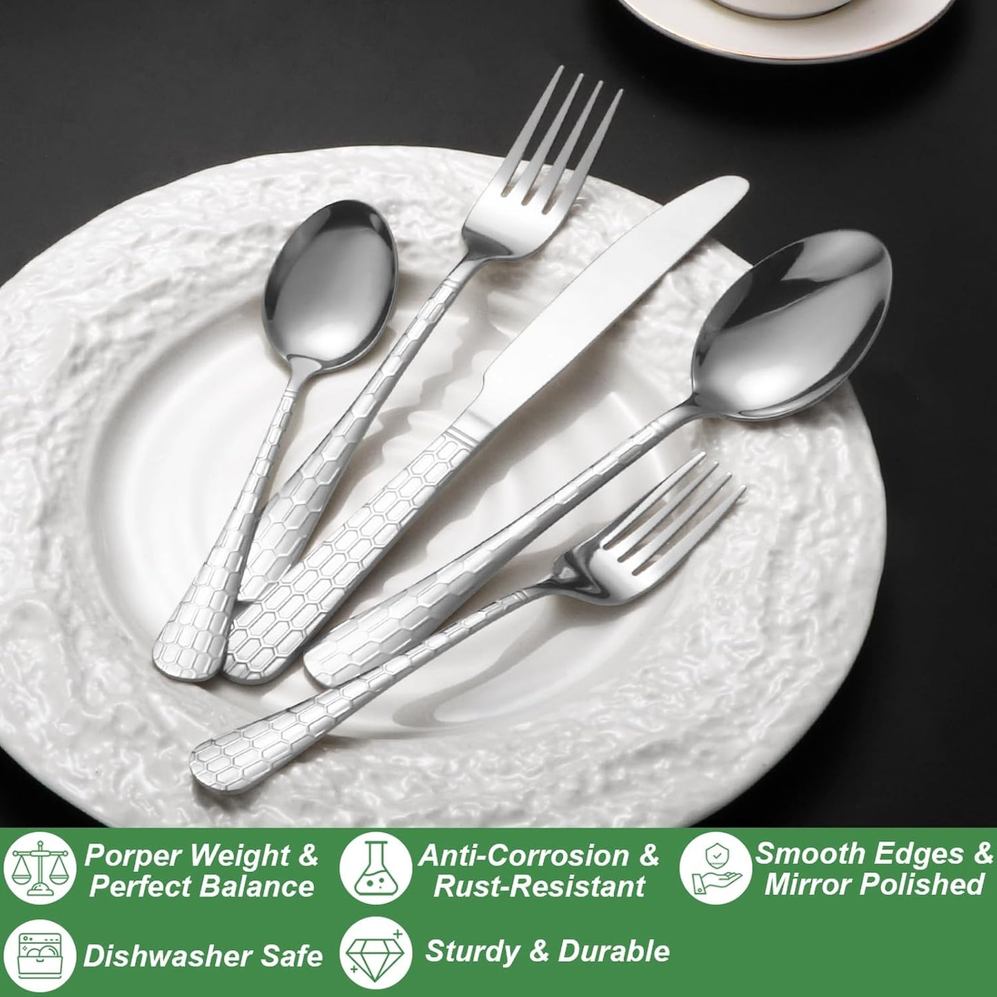 40 Pcs Silverware Set for 8 with Water Cube Handle design, Food Grade Stainless Steel Flatware Set