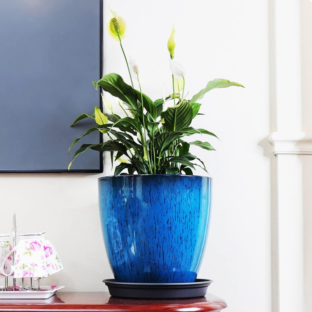 FixtureDisplays® Garden Plastic Round 11.8" Diameter 12" Tall Planter Resin Glazed Faux Ceramic