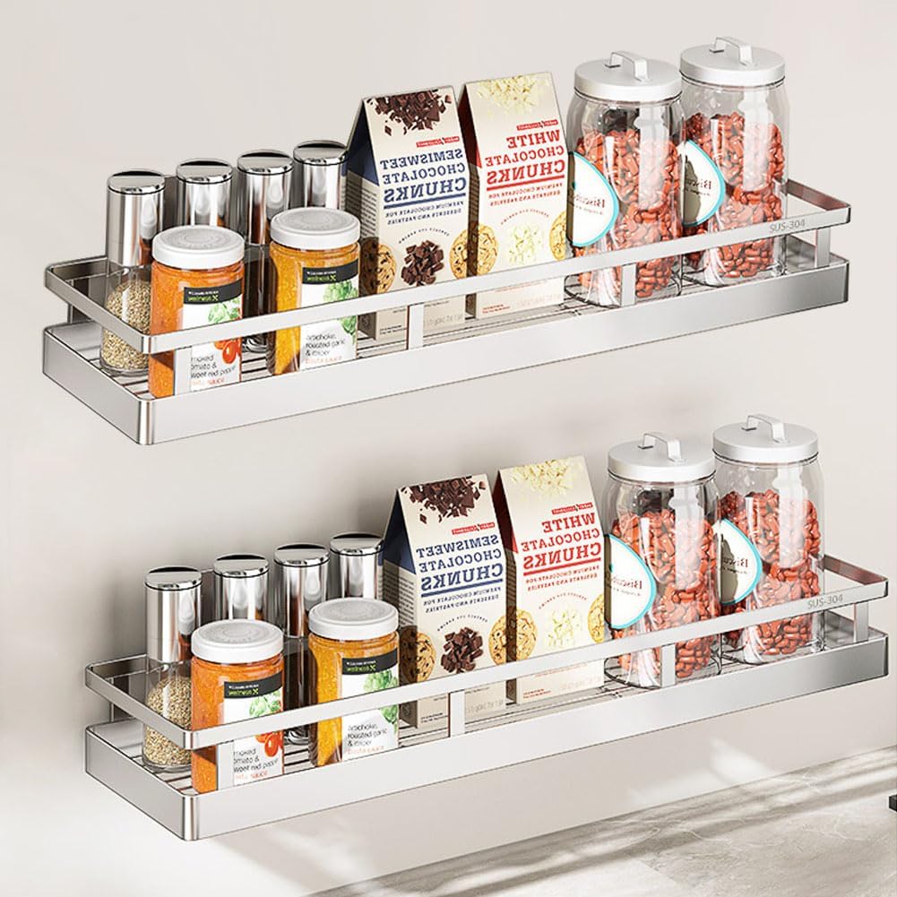2PCS Kitchen Spice Rack, SUS304 Stainless steel Wall Mount Storage Rack, Seasoning Container
