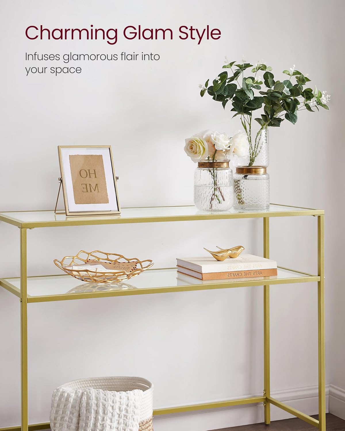 VASAGLE 39.4 Inch Console Sofa Table, Modern Entryway Table, Tempered Glass Table, Metal Frame, 2