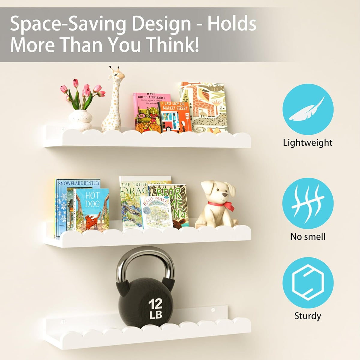 Nursery Book Shelves for Wall - Floating Kids Bookshelf for Bedroom, Nursery and Playroom - Wall