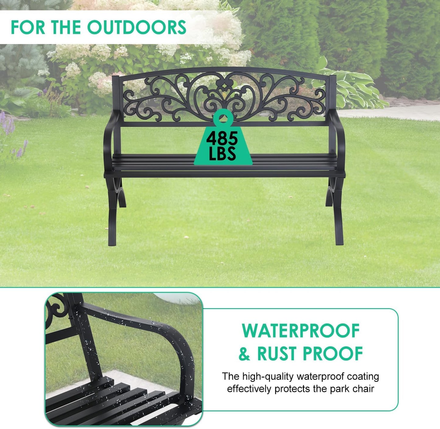 FDW Outdoor 50 Inches Garden Bench, Slatted Seat Armrests Floral Design Backres and Arch Legs