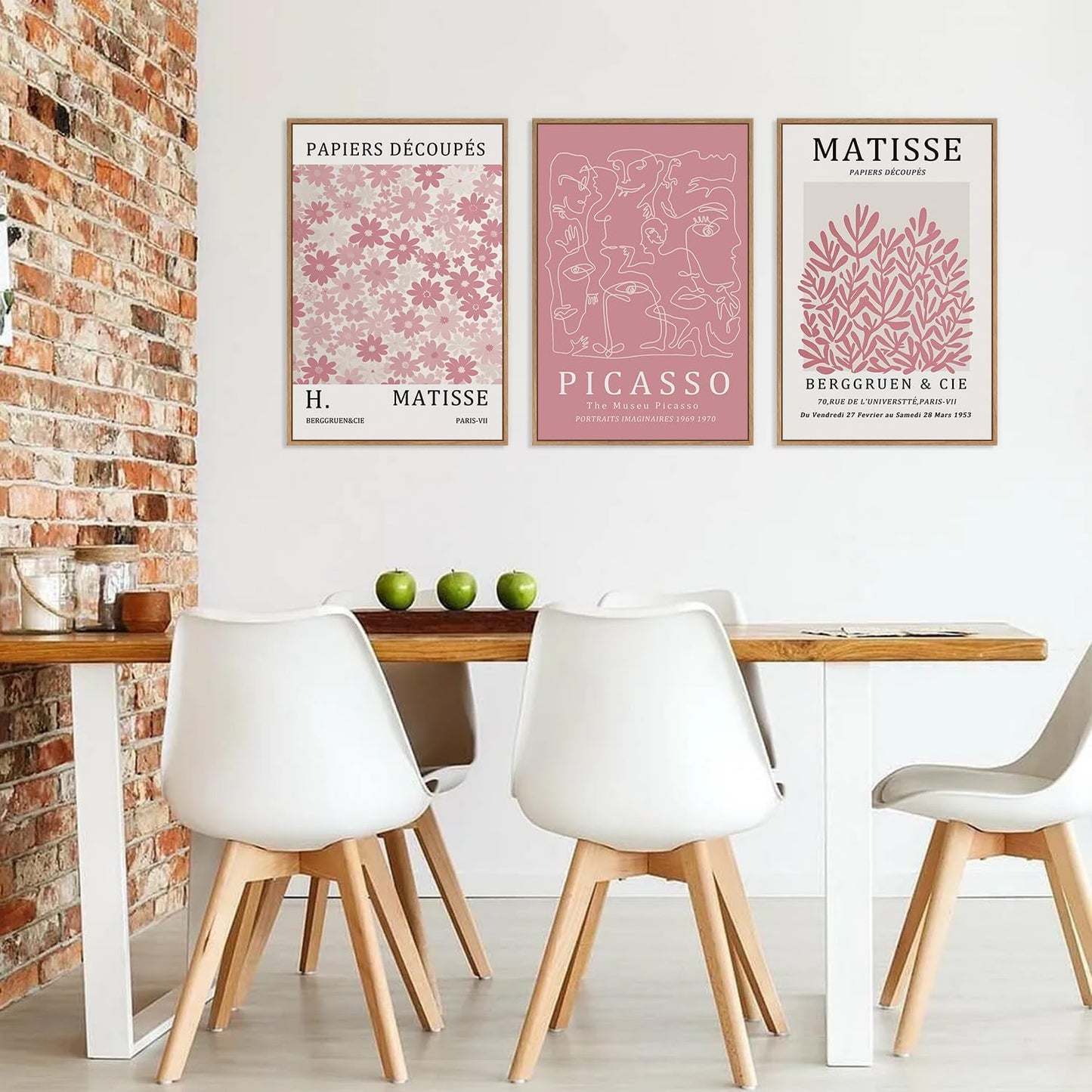 HLNIUC Matisse Pink Wall Art,Neutral Pink Flower Framed Canvas Wall Decor Set of 3(16”x24’) Modern