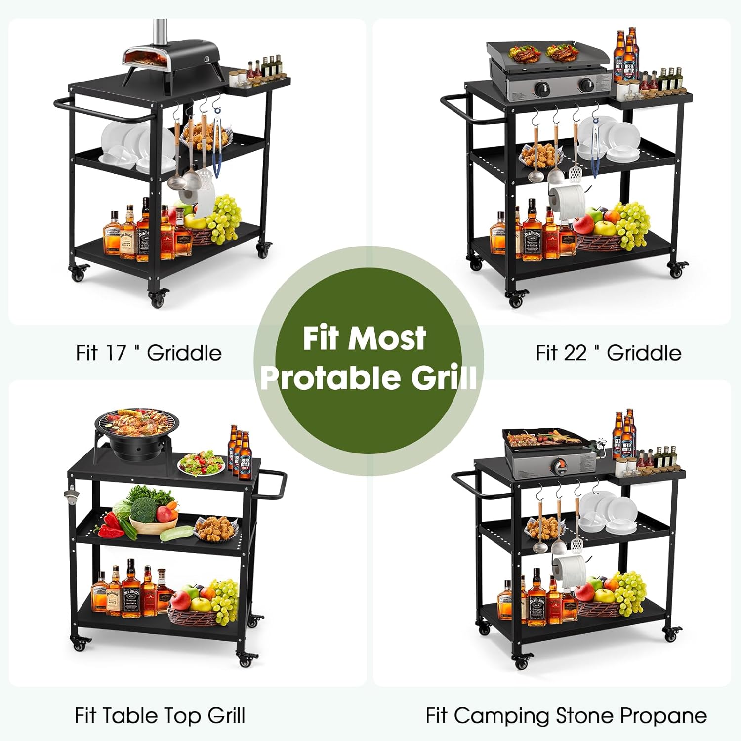 Outdoor Grill Cart Table,Indoor and Outdoor Pizza Oven Table,with 4 Movable Total Lock Casters