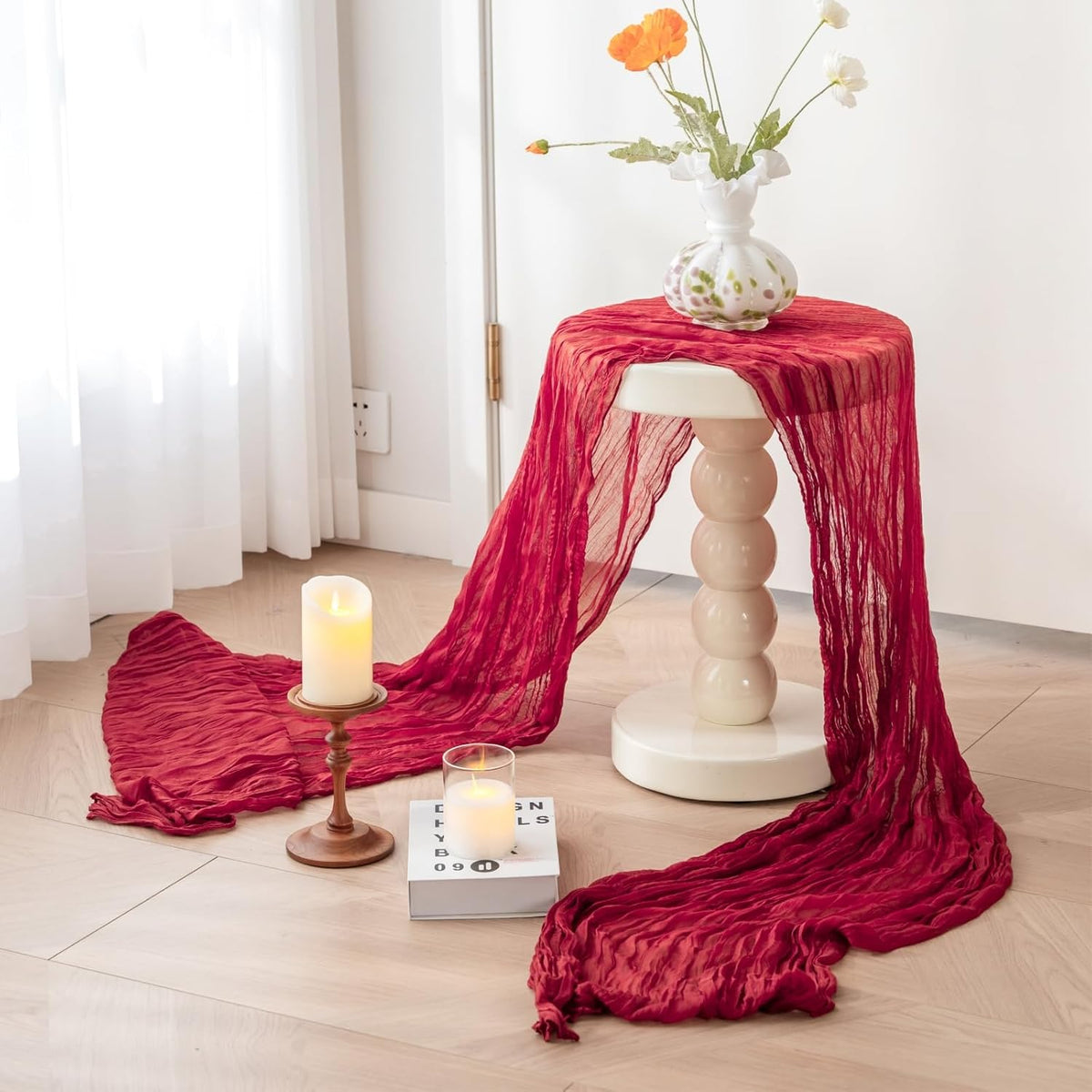 Sioloc Burgundy Red Cheesecloth Table Runner Fall Autumn Decor for Home 10ft Table Cloth for