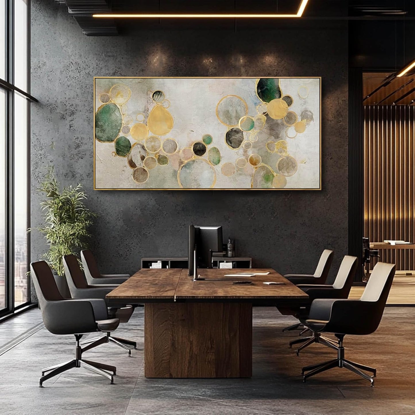 Abstract Canvas Wall Art Gold Circle Painting Green Artwork Framed Wall Prints 29"x 58" Office Wall
