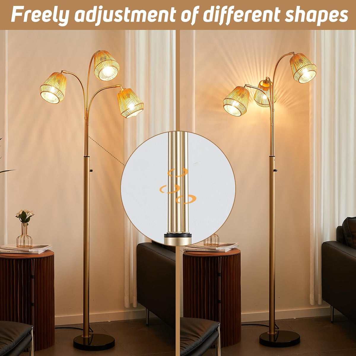 Gold Rattan Floor Lamp for Living Room, 72 Inch Tall Boho Floor Lamp with Rotary Switch, 3 Lights