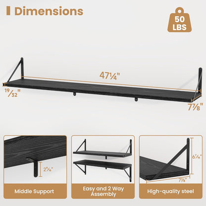 Heimlove 48 Inch Large Floating Bookshelves Set of 3,Black Wall Mounted Bookshelves,Heavy Duty