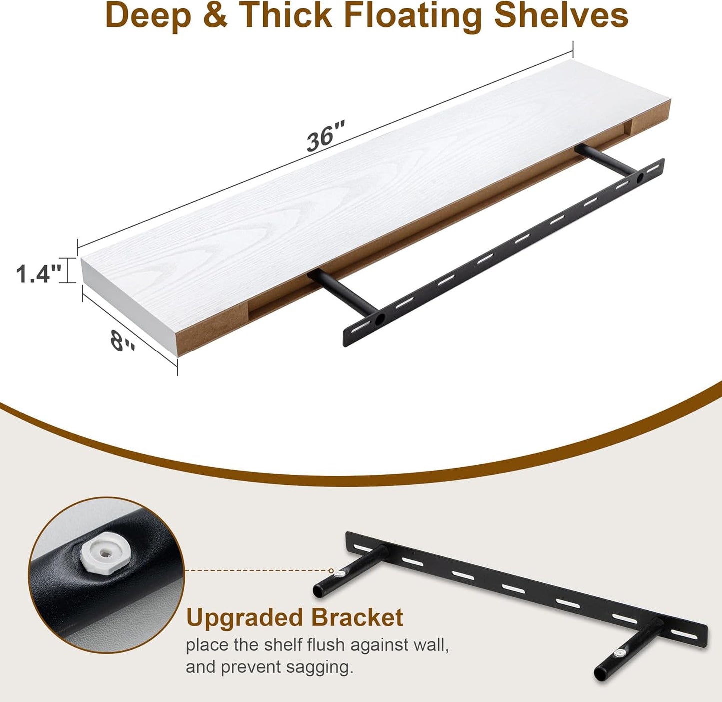 Fun Memories White Floating Shelves 36 Inch Long, 8 Inch Deep Floating Shelf for Wall, 36" W x 8" D