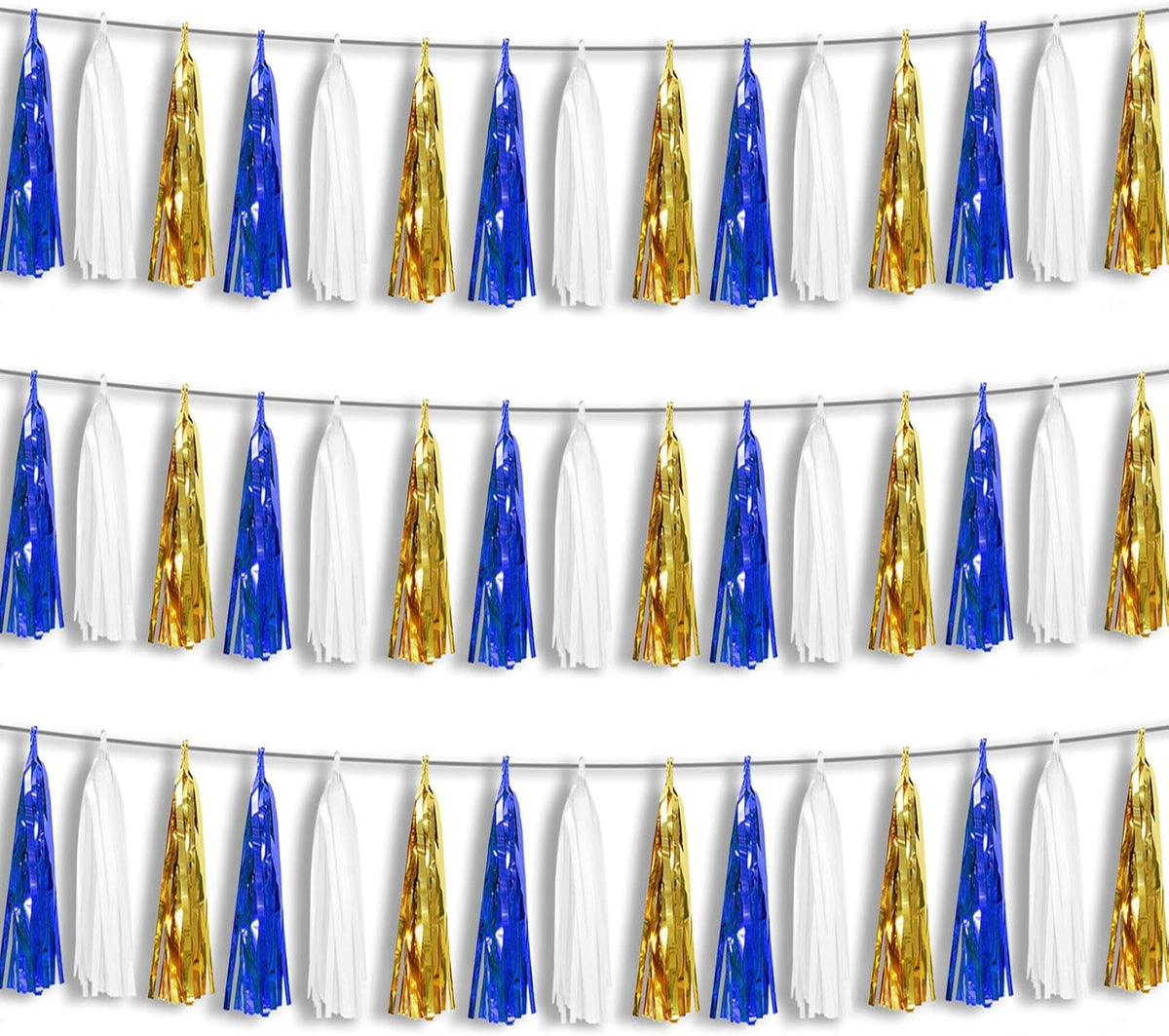 3P Navy-Blue White-Gold Foil Fringe Metallic Tassel-Garland, Tassels Banner Streamers for Parade