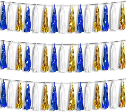 3P Navy-Blue White-Gold Foil Fringe Metallic Tassel-Garland, Tassels Banner Streamers for Parade