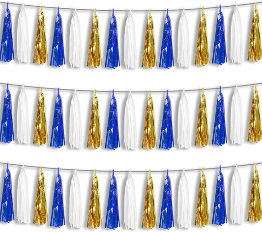 3P Navy-Blue White-Gold Foil Fringe Metallic Tassel-Garland, Tassels Banner Streamers for Parade