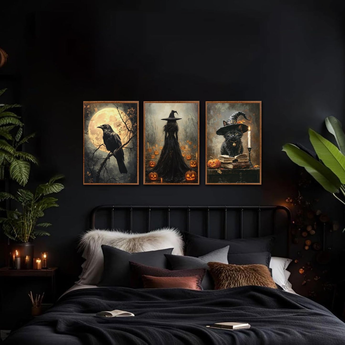 KAIRNE Framed Halloween Canvas Wall Art,Dark Witch Crow Prints,Black Cat Painting,Horror Gothic