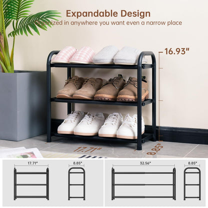 Gonfoam Expandable 3-Tier Shoe Rack for Closet and Entryway, Black