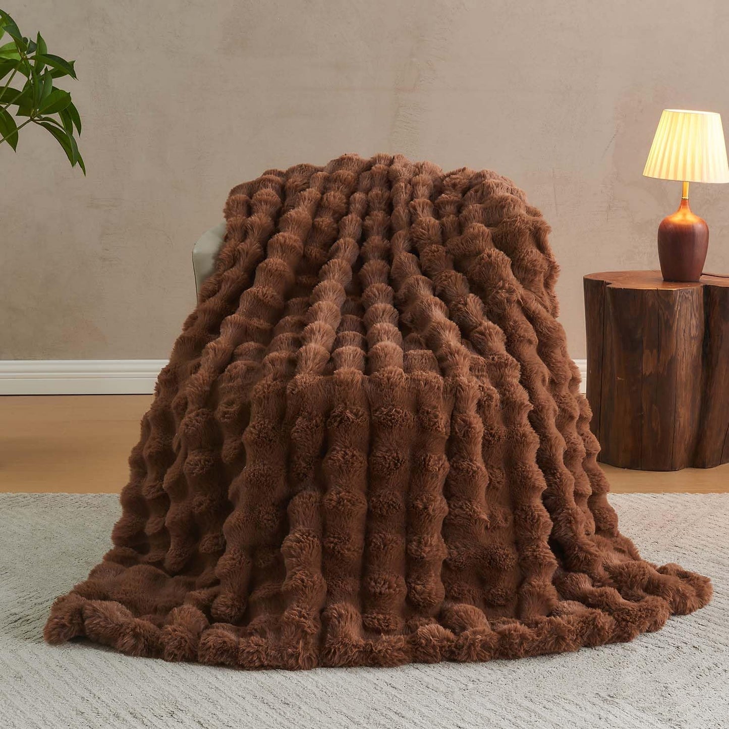 Lotus Karen Faux Fur Throw Blanket Dark Coffee - Big Bubble Rabbit Fluff Blanket for Couch Bed