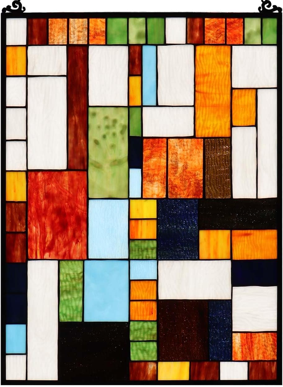 Bieye Geometric Color Block Tiffany Style Stained Glass Window Panel with Hanging Chain (18x25