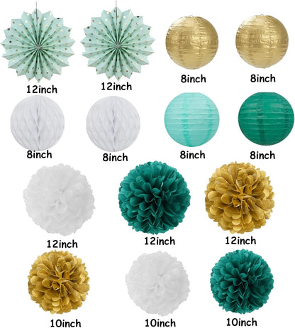 Sage-Green Teal-Gold Baby-Shower Party Decorations - 14pcs Rustic Wedding Paper Lanterns Fan,Tissue