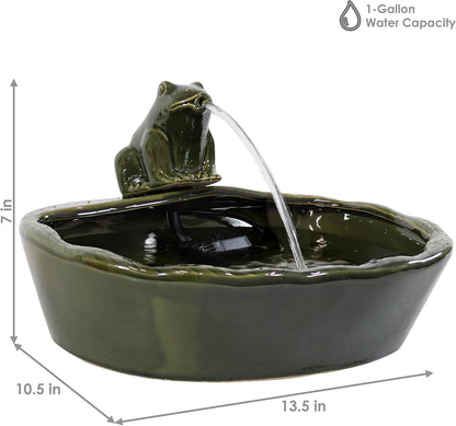 Sunnydaze Ceramic Solar-Powered Water Fountain - Green Glaze - Low-Voltage Submersible Pump with