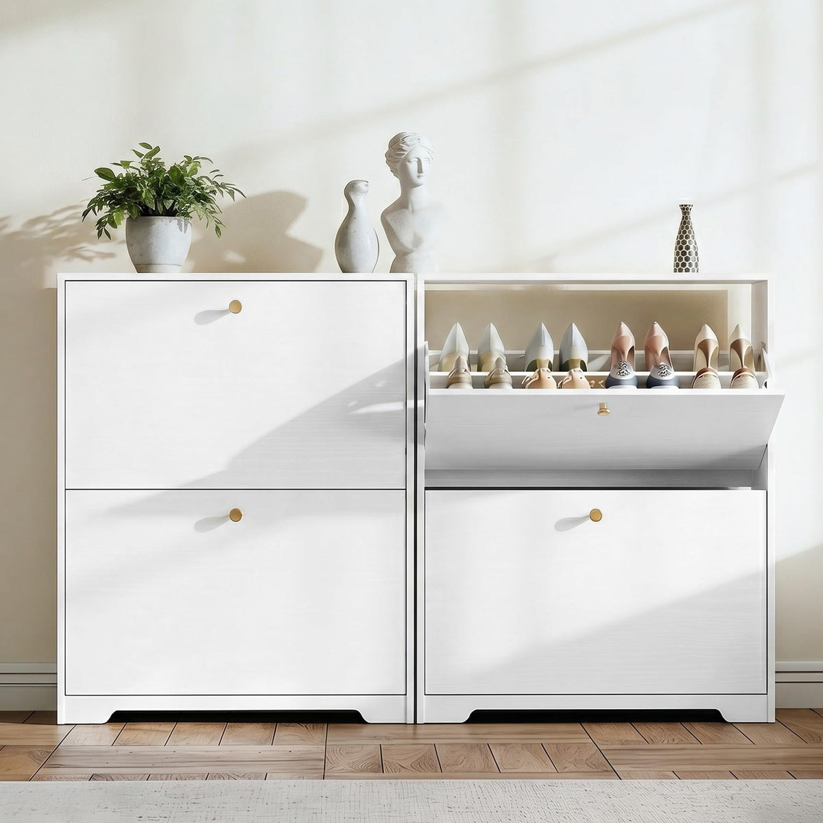 Nicetree Shoe Cabinet with 2 Flip Drawers, Modern Entryway Organizer, White