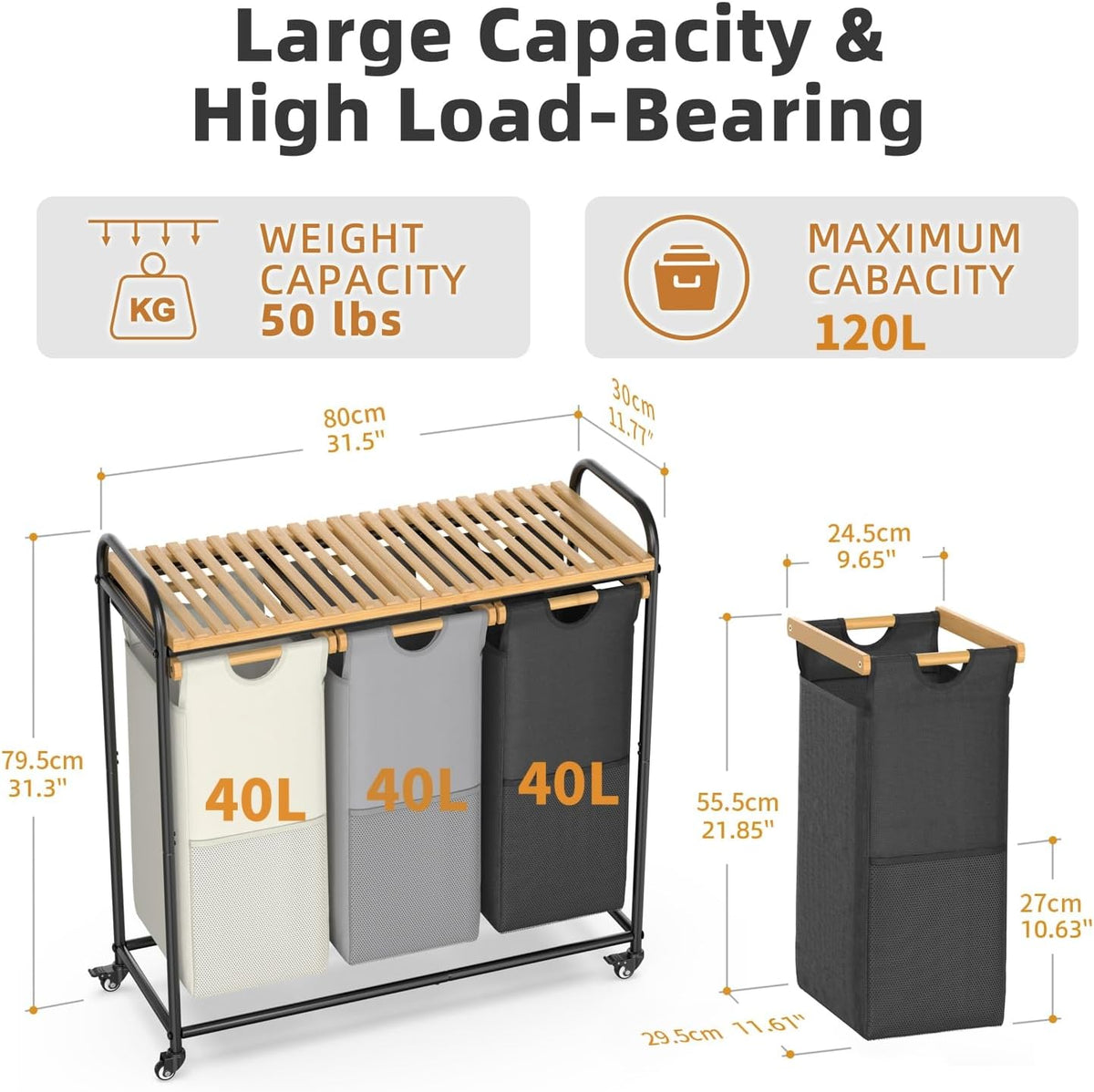 Laundry Hampers 3 Section, Laundry Sorter with Removable Shelf and Pull-Out Bags, Clothes Hampers