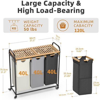 Laundry Hampers 3 Section, Laundry Sorter with Removable Shelf and Pull-Out Bags, Clothes Hampers