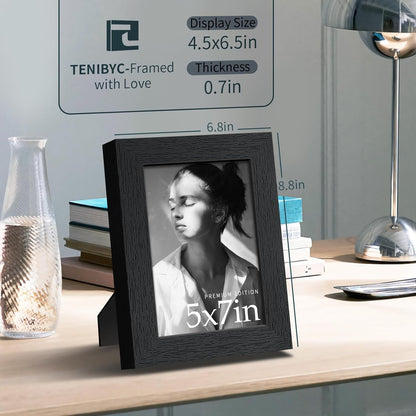 5x7 Picture Frame 3 Pack - Black Woodgrain, Solid Wood & HD Tempered Glass, Table Display or Wall